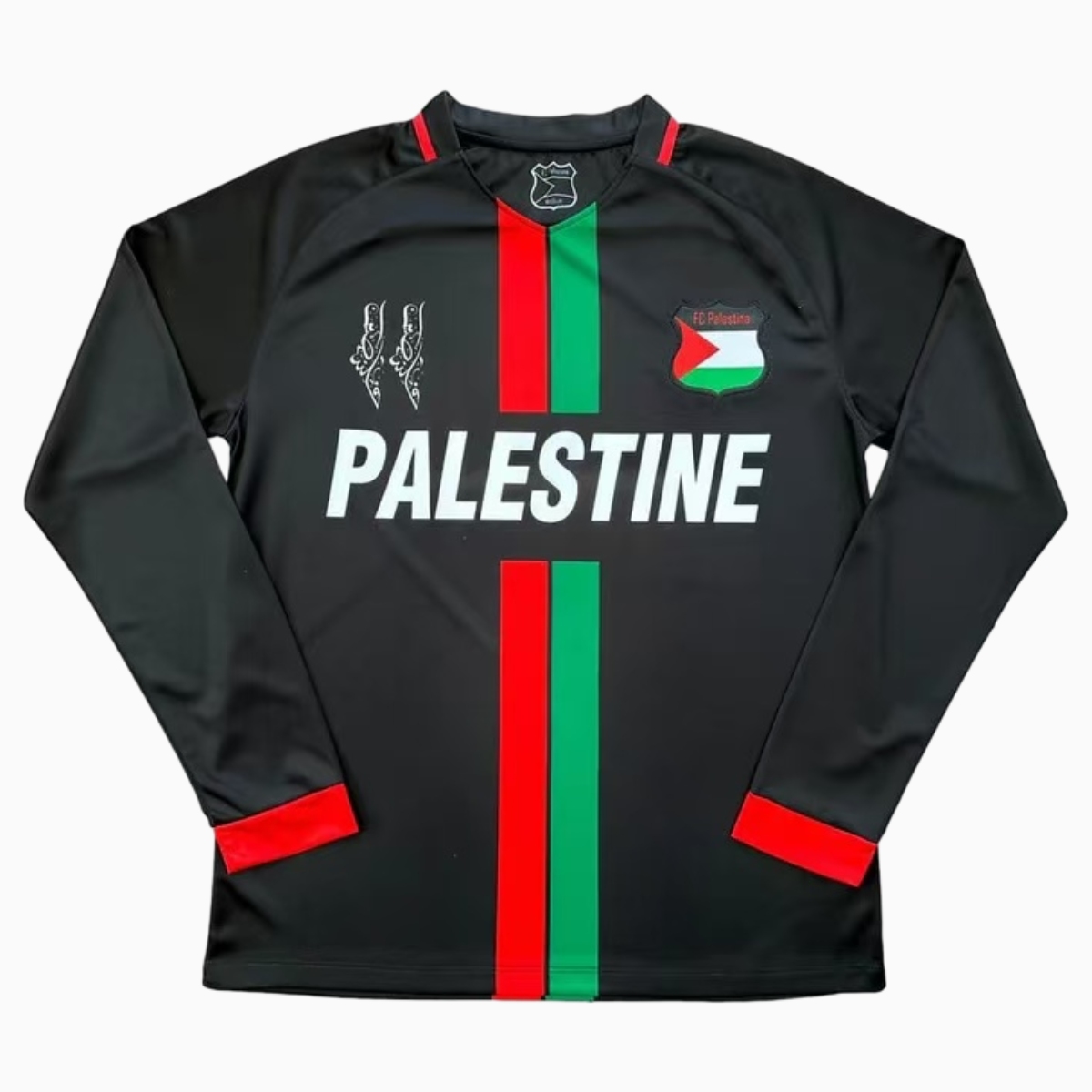 FC Palestina 24-25 Black Centre Striped Long Sleeve Jersey with English and Pattern - JerseysGala