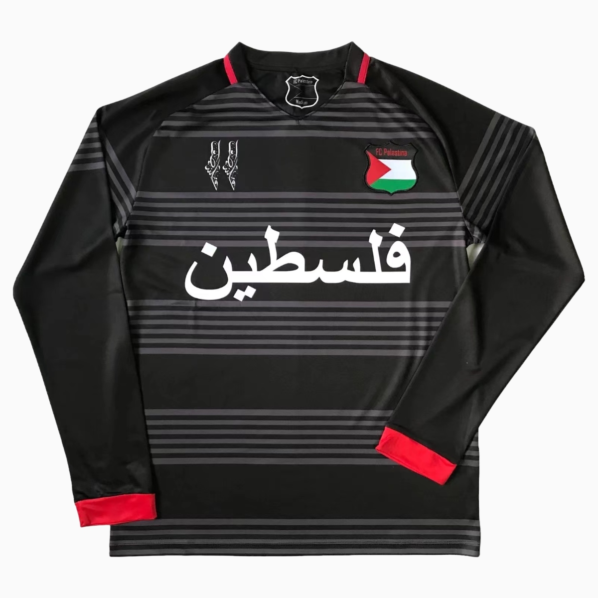 FC Palestina 24-25 Black and Grey Striped Long Sleeve Jersey Jersey with Arabic and Pattern - JerseysGala