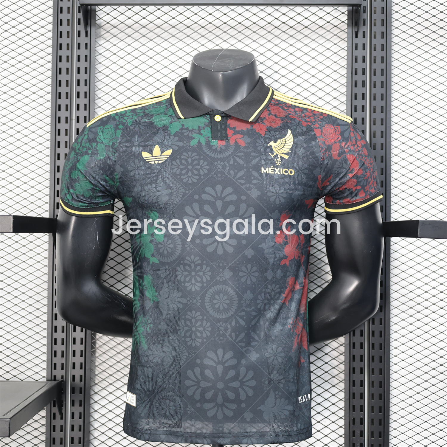 Mexico 25-26 Black Polo Jersey with Red and Green Floral Pattern - Player Version - JerseysGala