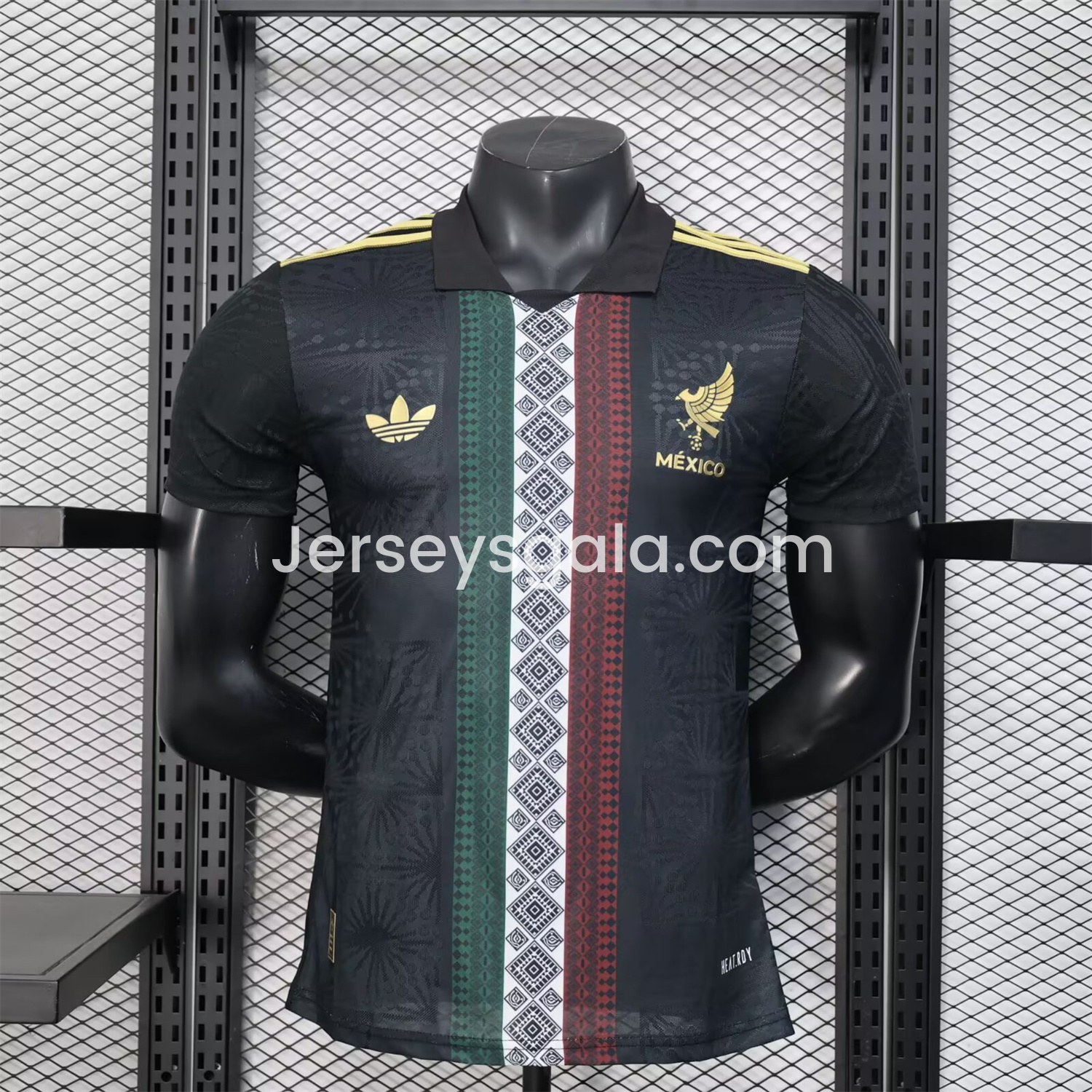 Mexico 25-26 Black Polo Jersey with Red White and Green Decorative Pattern - Player Version - JerseysGala