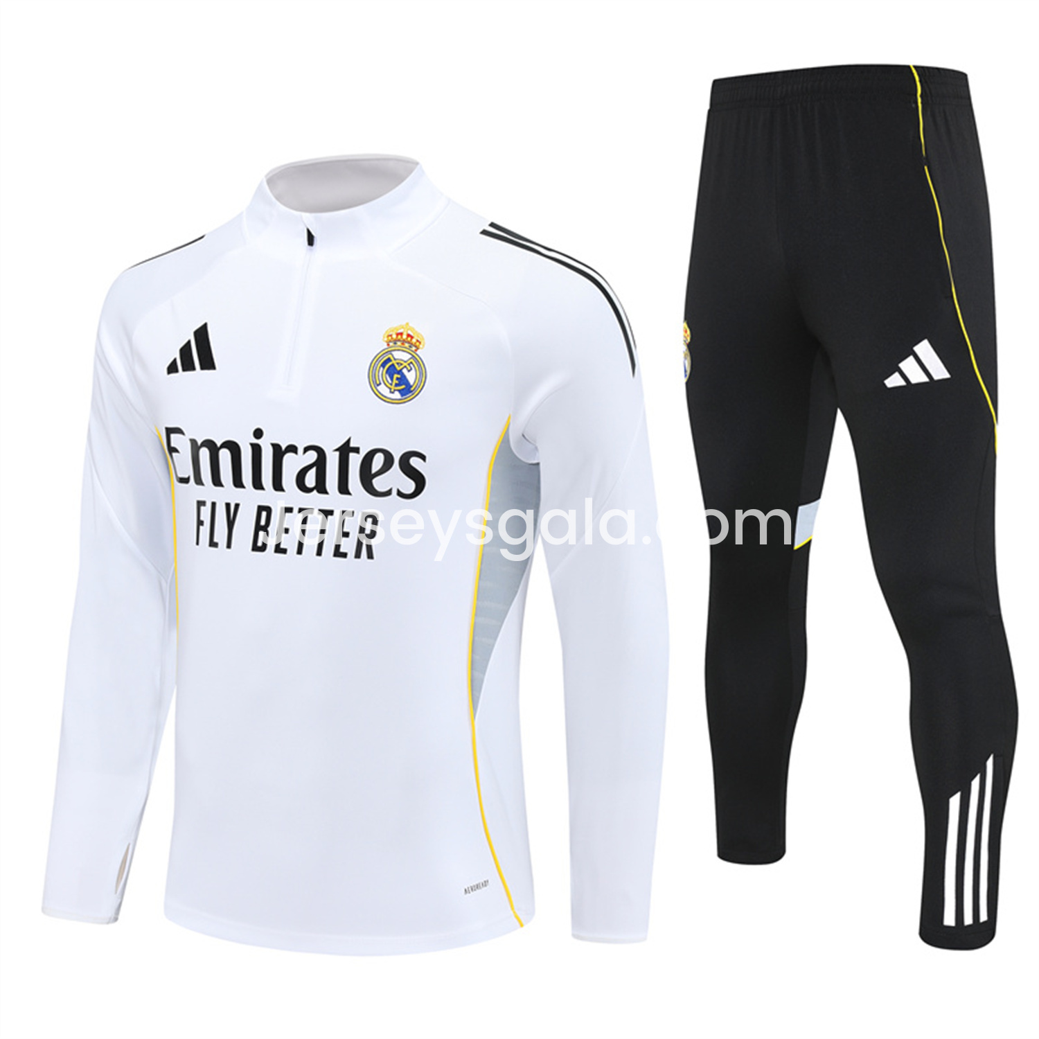 Real Madrid 25-26 Kids Long Sleeve Training Set - Yellow Line White Top and Black Shorts - JerseysGala