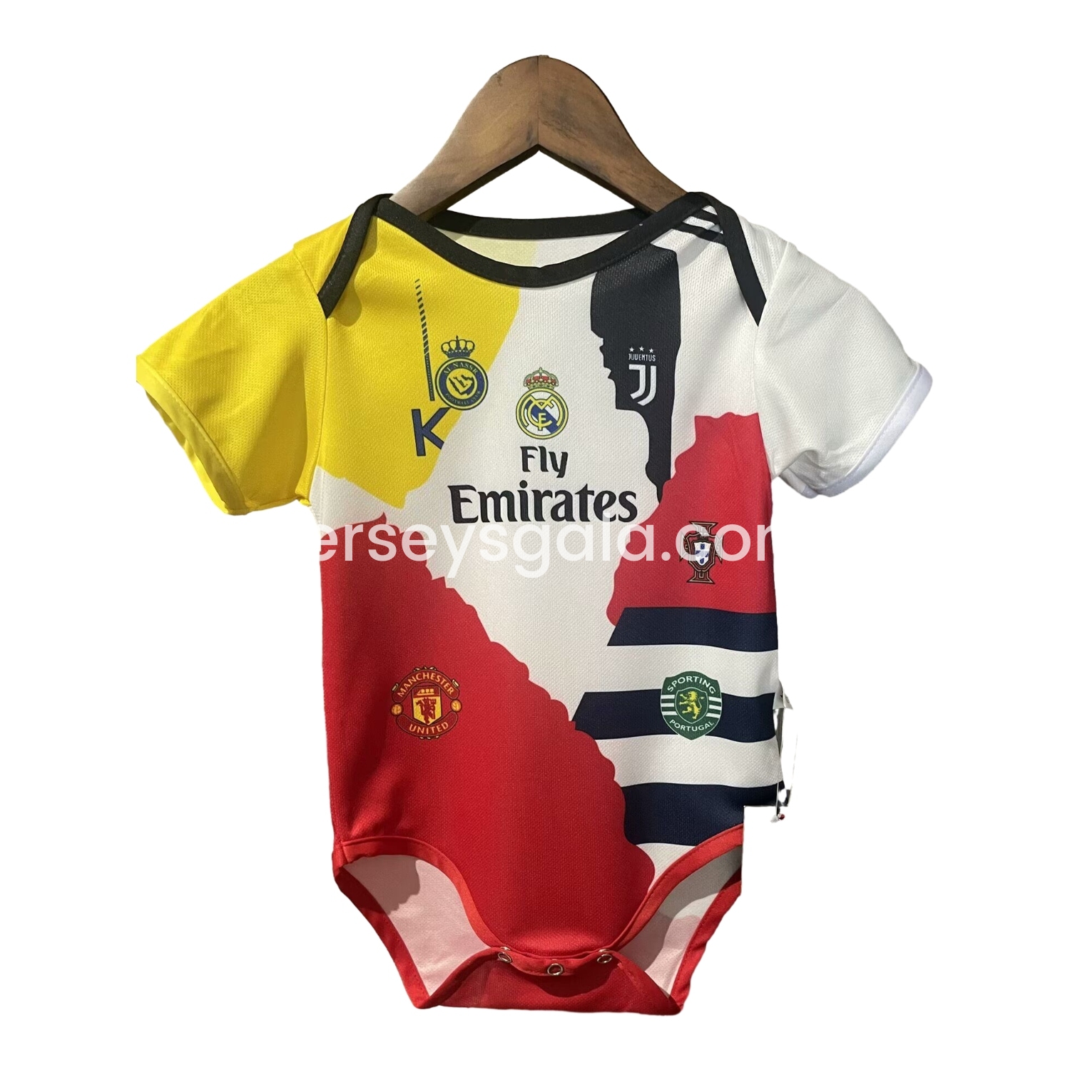Cristiano Ronaldo Career Commemorative Baby Crawling Suit - Real Madrid Juventus Portugal Manchester United Al Nassr Sporting CP - JerseysGala