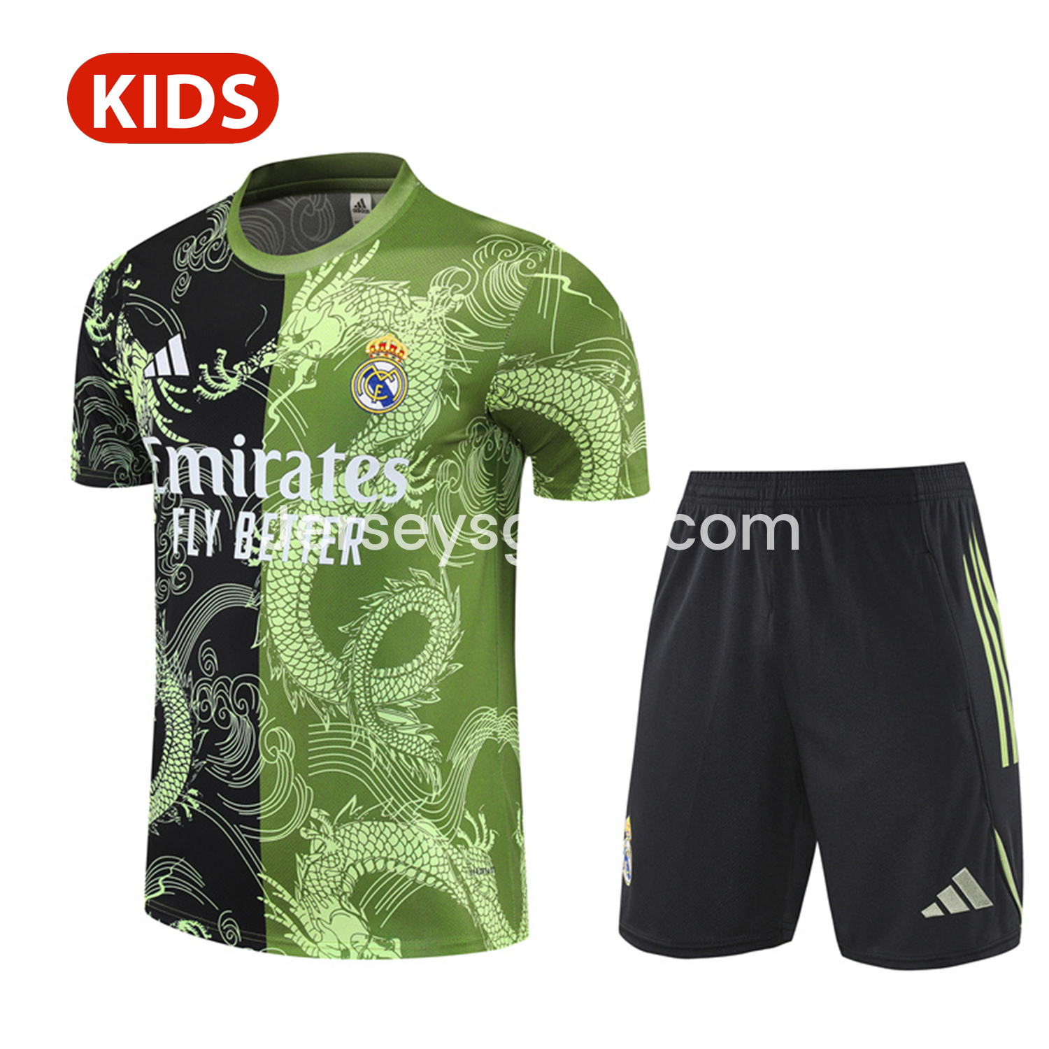 Real Madrid 25-26 Kid Short-Sleeve Training Set - Green Black Top & Black Shorts - JerseysGala