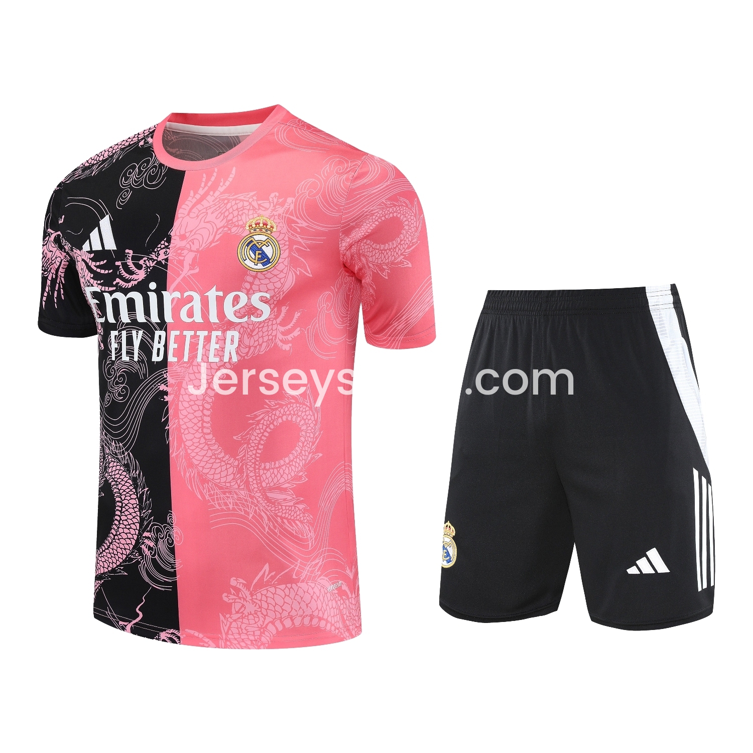 Real Madrid 25-26 Short-Sleeve Training Set - Pink-Black Dragon Top & Black-White Shorts - JerseysGala