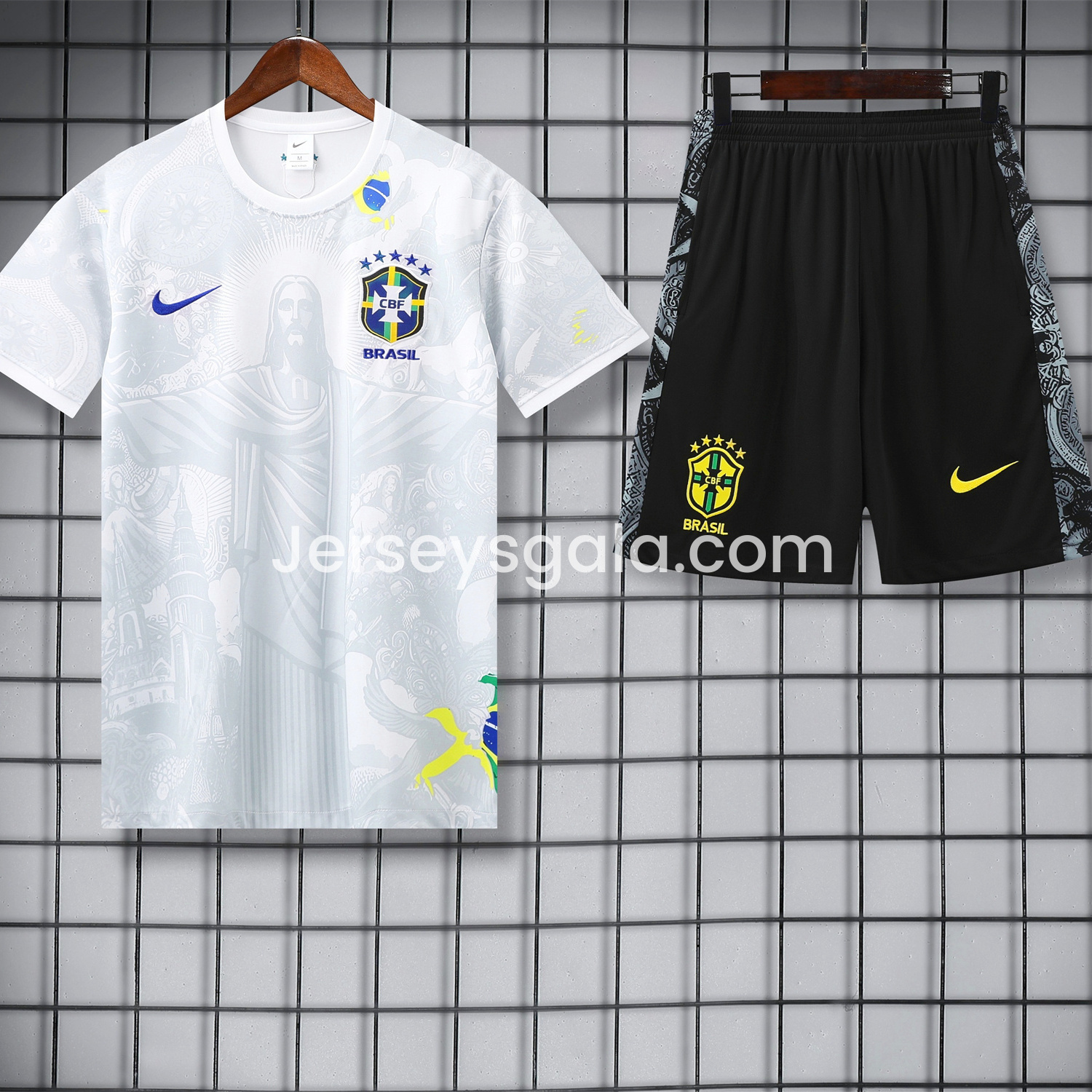 Brazil 25-26 White Jesus Statue Short-Sleeve Training Set - White Top & Black Shorts - JerseysGala