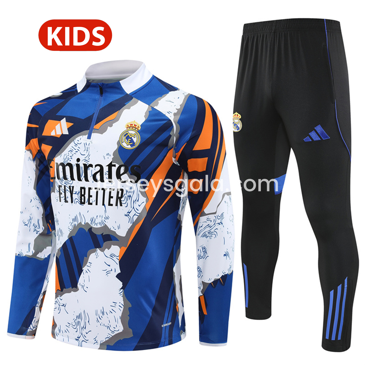 Real Madrid 25-26 Kids Long Sleeve Training Set - Yellow, White and Blue Camouflage Top and Black Pants - JerseysGala