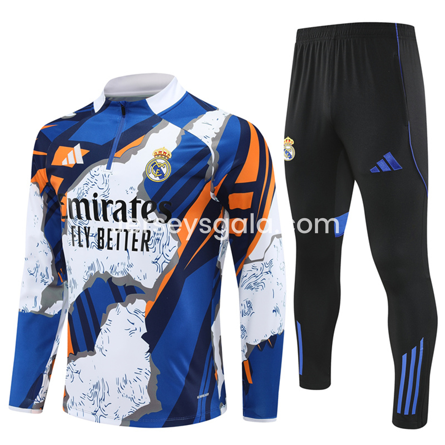 Real Madrid 25-26 Long Sleeve Training Set - Yellow, White and Blue Camouflage Top and Black Pants - JerseysGala