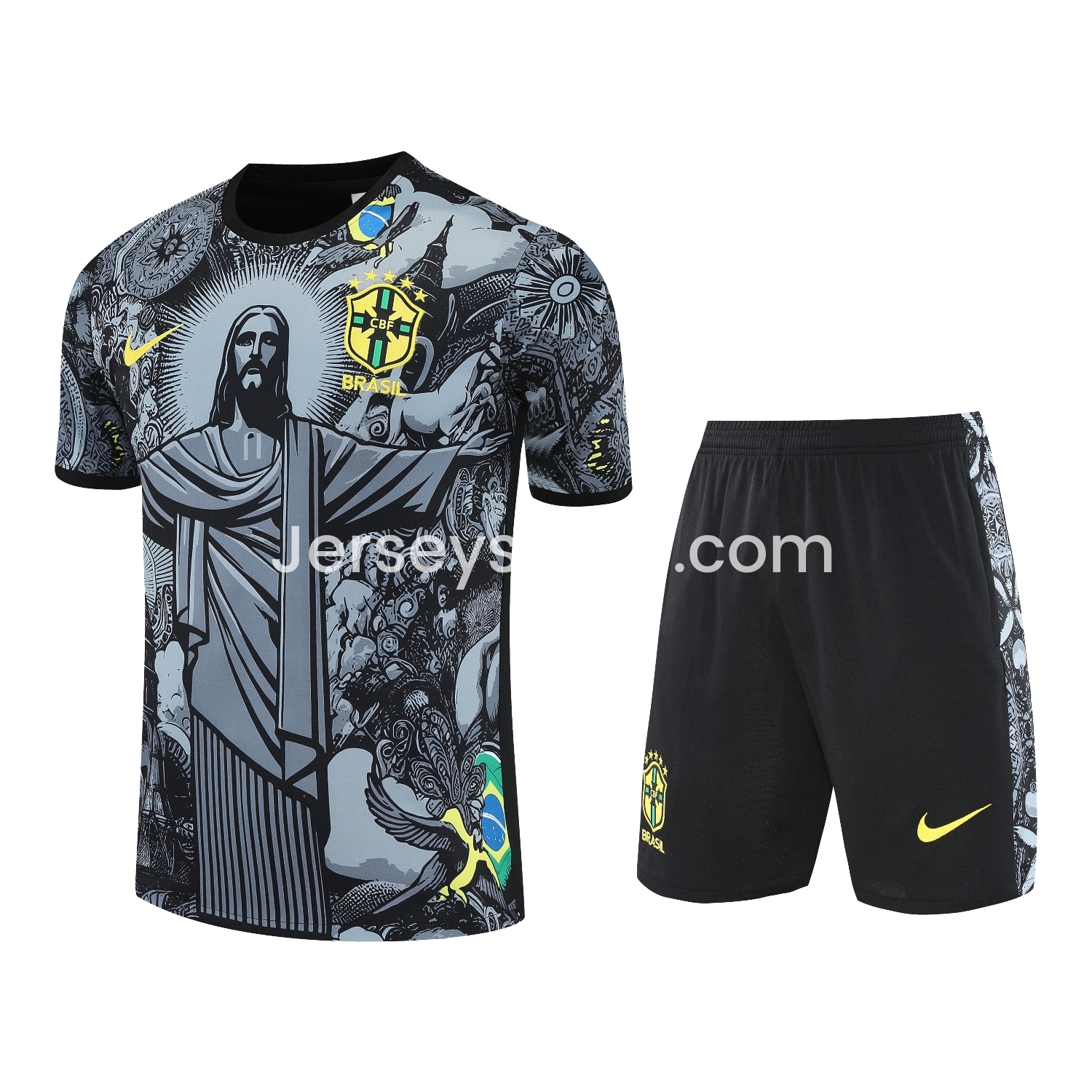 Brazil 25-26 Gray Jesus Statue Short-Sleeve Training Set - Gray Top & Black Shorts - JerseysGala