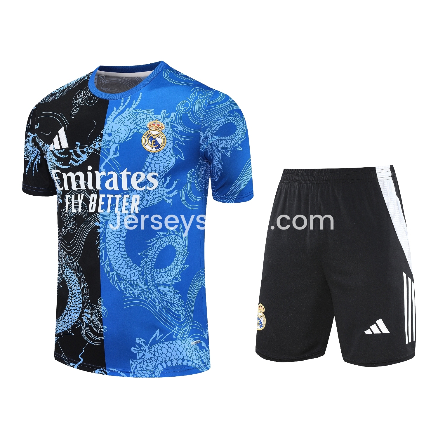 Real Madrid 25-26 Short-Sleeve Training Set - Blue Black Dragon Top & Black-White Shorts - JerseysGala