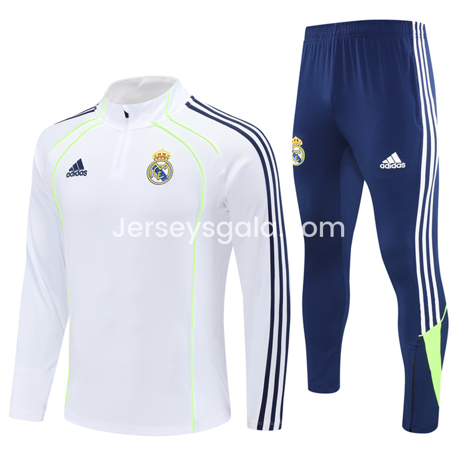 Real Madrid 25-26 Long Sleeve Training Set - Green Line White Top and Blue Pants - JerseysGala