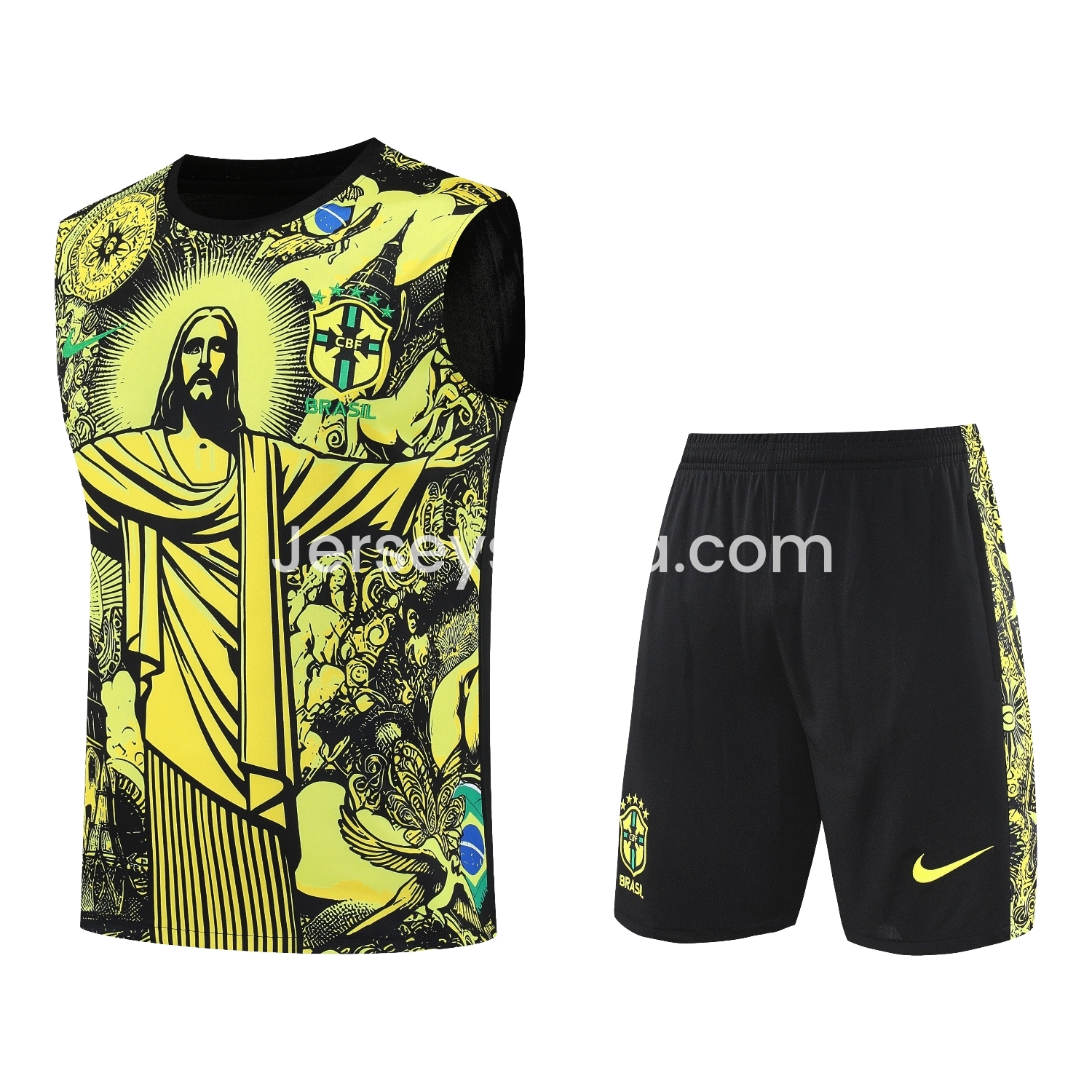 Brazil 25-26 Yellow Jesus Statue Vest Training Set - Yellow Vest & Black Shorts - JerseysGala