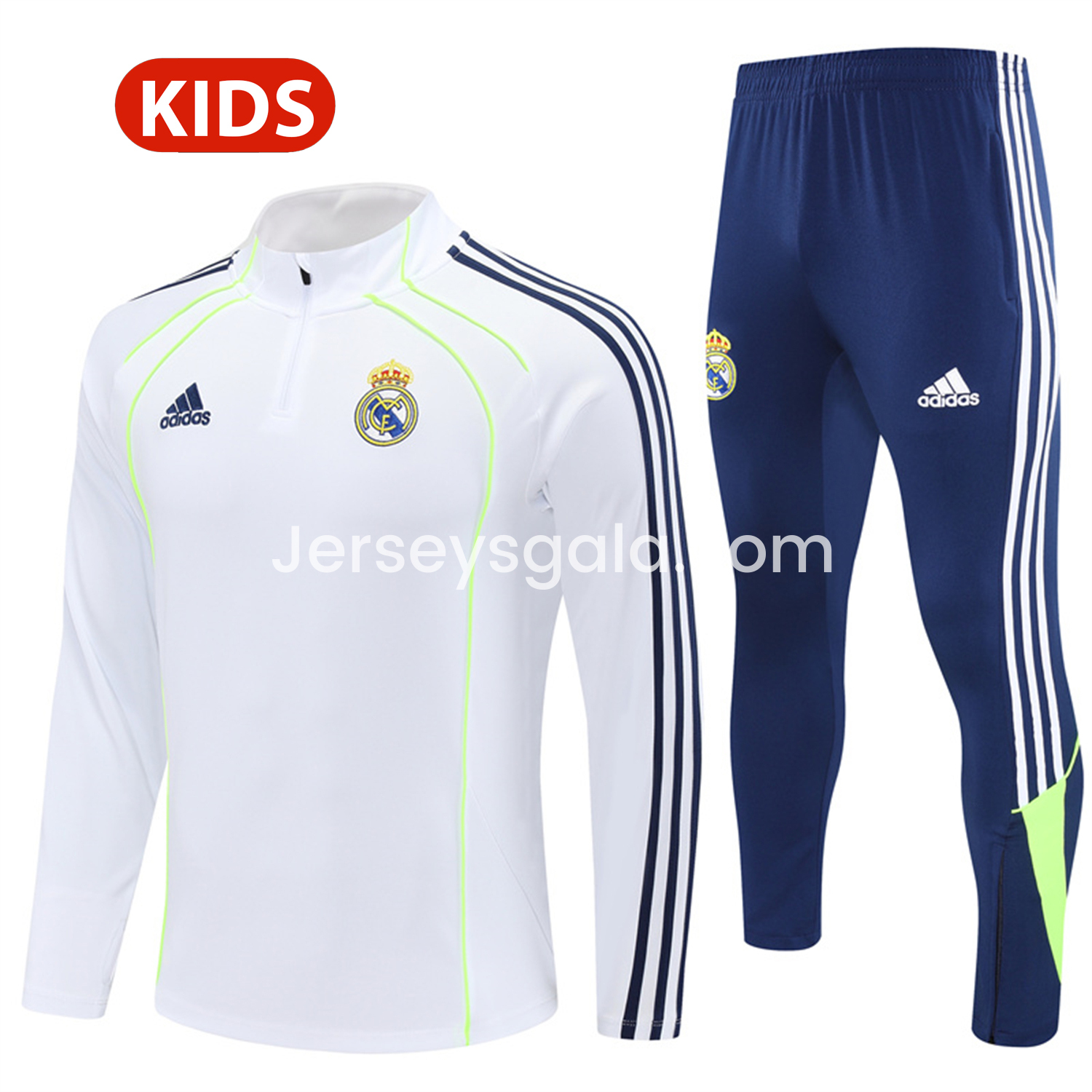 Real Madrid 25-26 Kids Long Sleeves Training Set - Green Line White Top and Blue Pants - JerseysGala