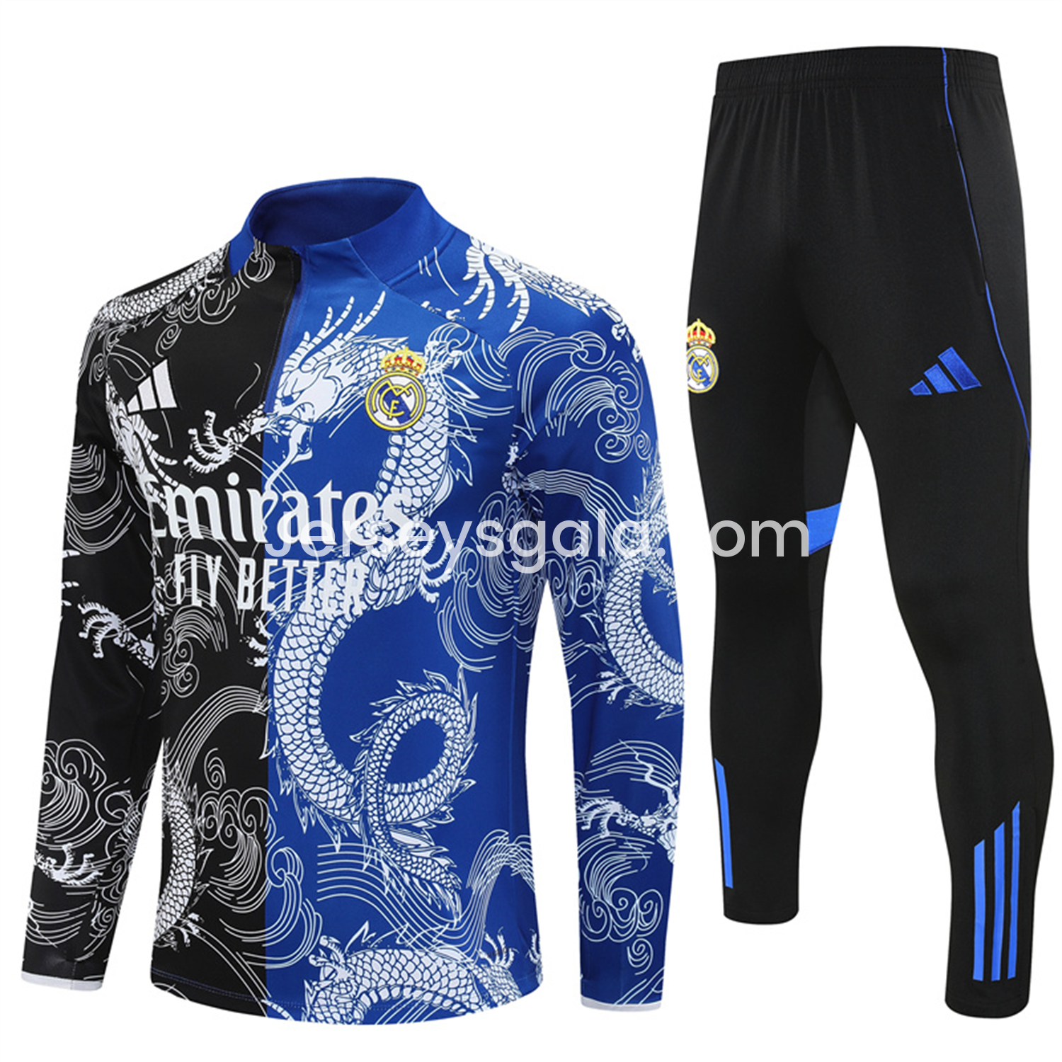 Real Madrid 25-26 Long Sleeve Training Set - White Loong Black Blue Top and Black Pants - JerseysGala