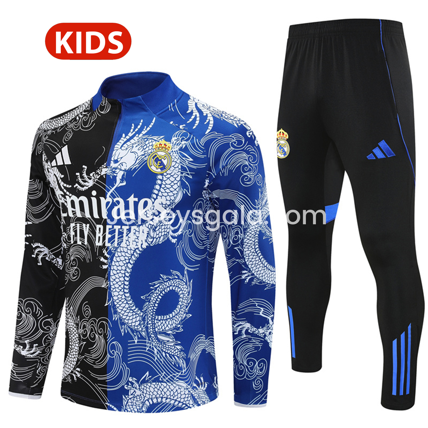 Real Madrid 25-26 Kids Long Sleeve Training Set - White Loong Black Blue Top and Black Pants - JerseysGala
