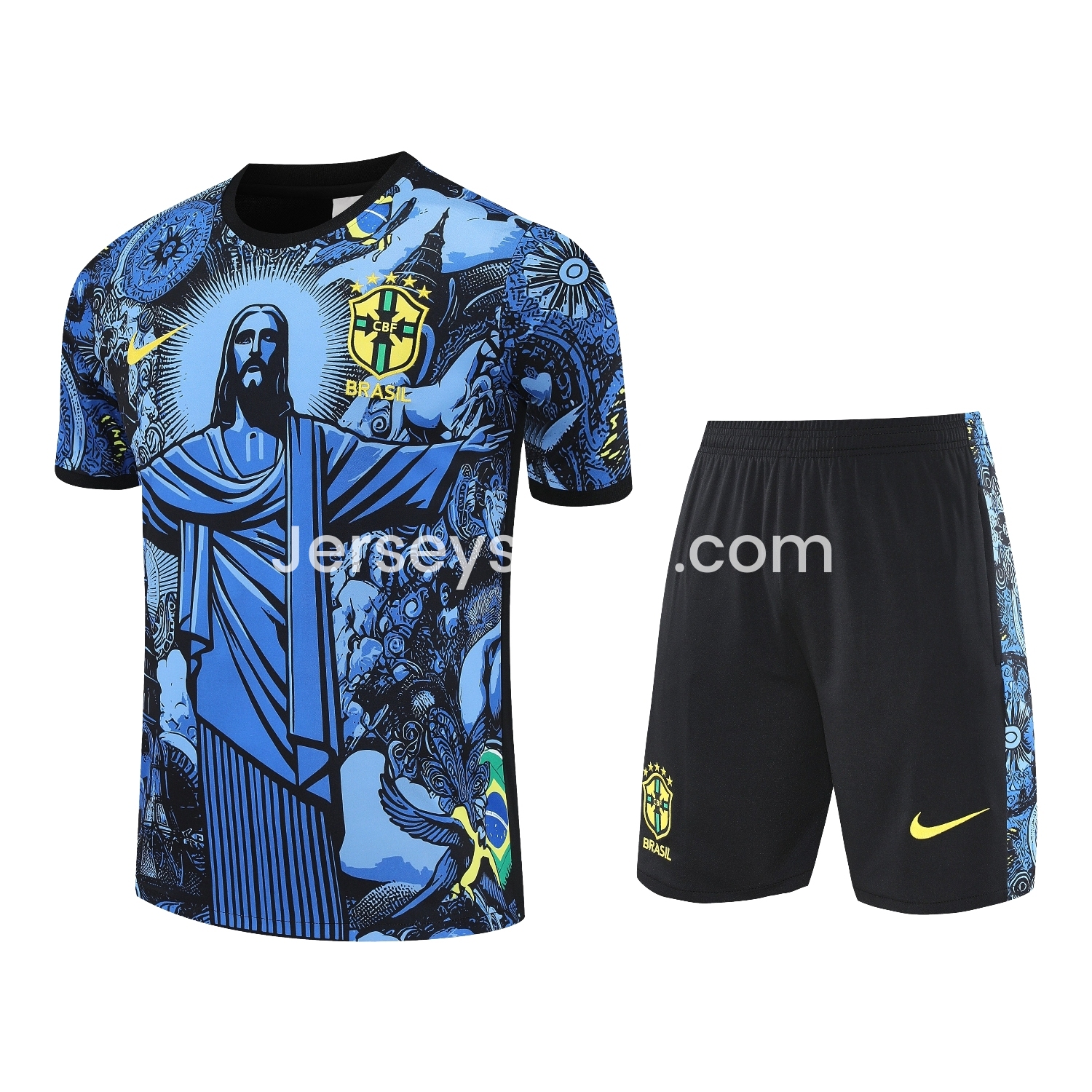 Brazil 25-26 Blue Jesus Statue Short-Sleeve Training Set - Blue Top & Black Shorts - JerseysGala