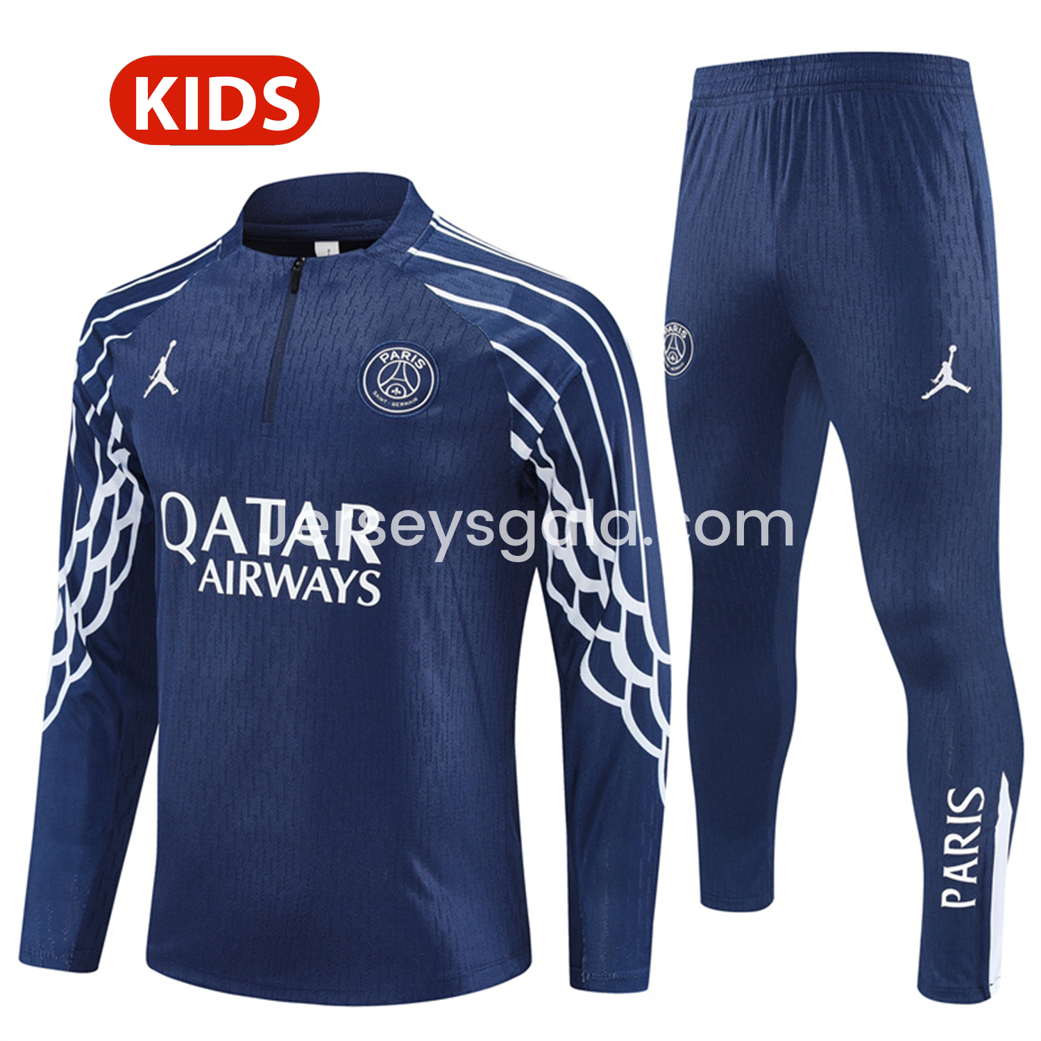 Paris Saint-Germain PSG 25-26 Kids Long Sleeve Training Set - JD White Wing Royal Blue Top and Pants - JerseysGala