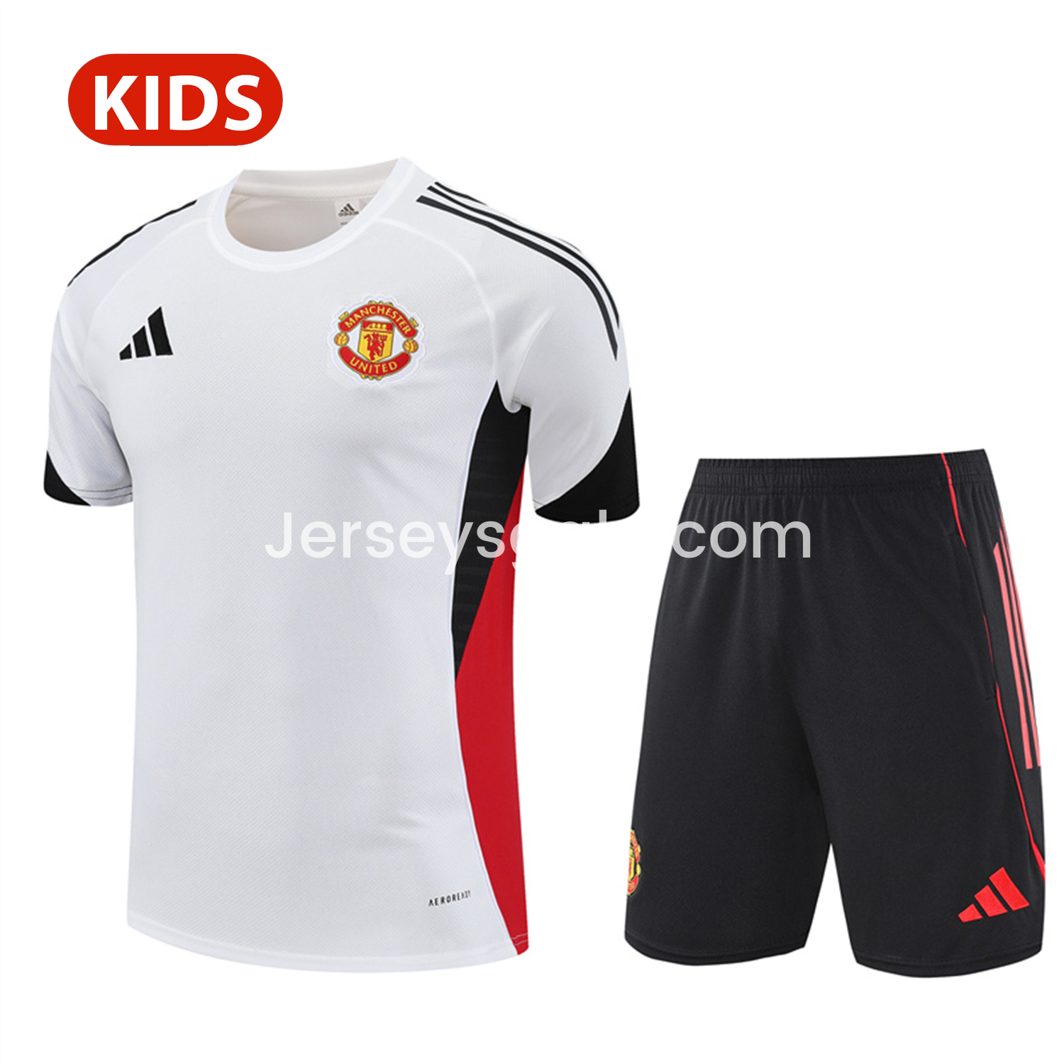Manchester United 25-26 Kid Short-Sleeve Training Set - White Top & Black Shorts - JerseysGala