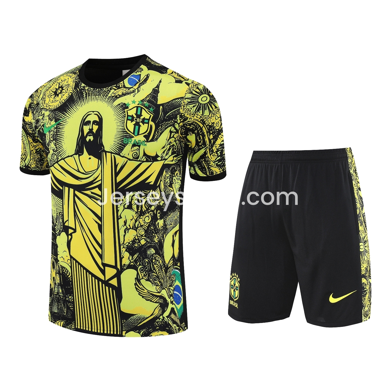 Brazil 25-26 Yellow Jesus Statue Short-Sleeve Training Set - Yellow Top & Black Shorts - JerseysGala