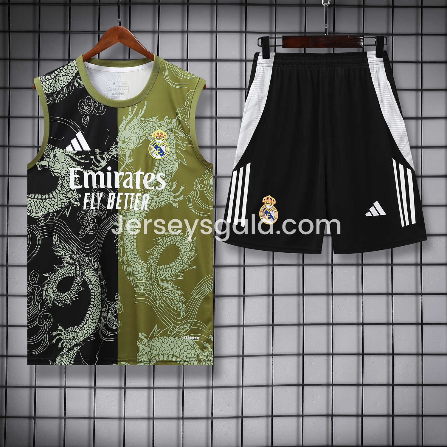 Real Madrid 25-26 Vest Training Set - Green-Black Dragon Vest & Black-White Shorts - JerseysGala