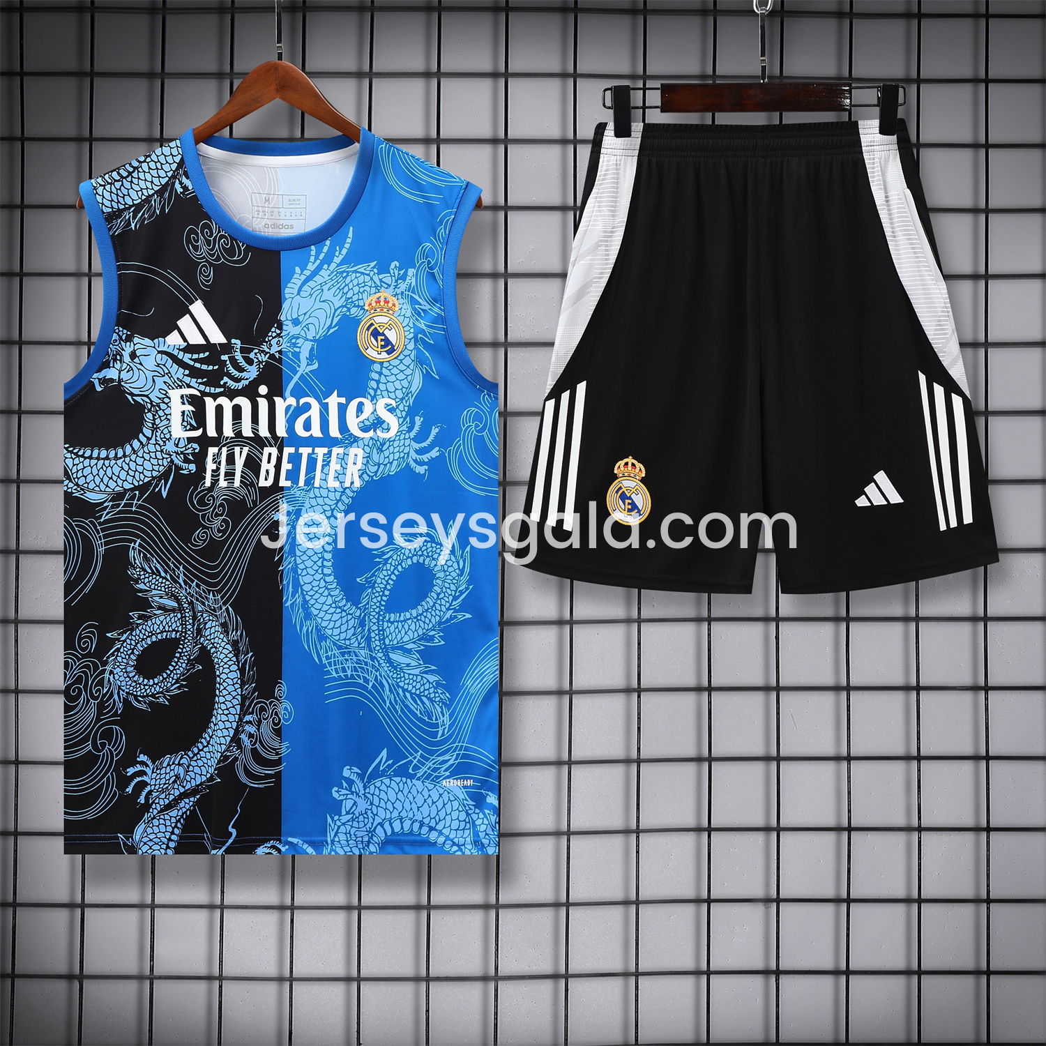 Real Madrid 25-26 Vest Training Set - Blue Black Dragon Vest & Black-White Shorts - JerseysGala