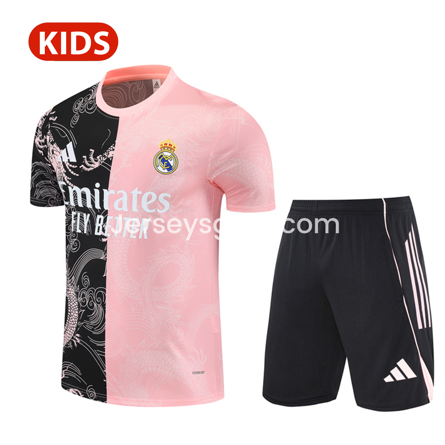 Real Madrid 25-26 Kid Short-Sleeve Training Set - Pink Black Top & Black Shorts - JerseysGala