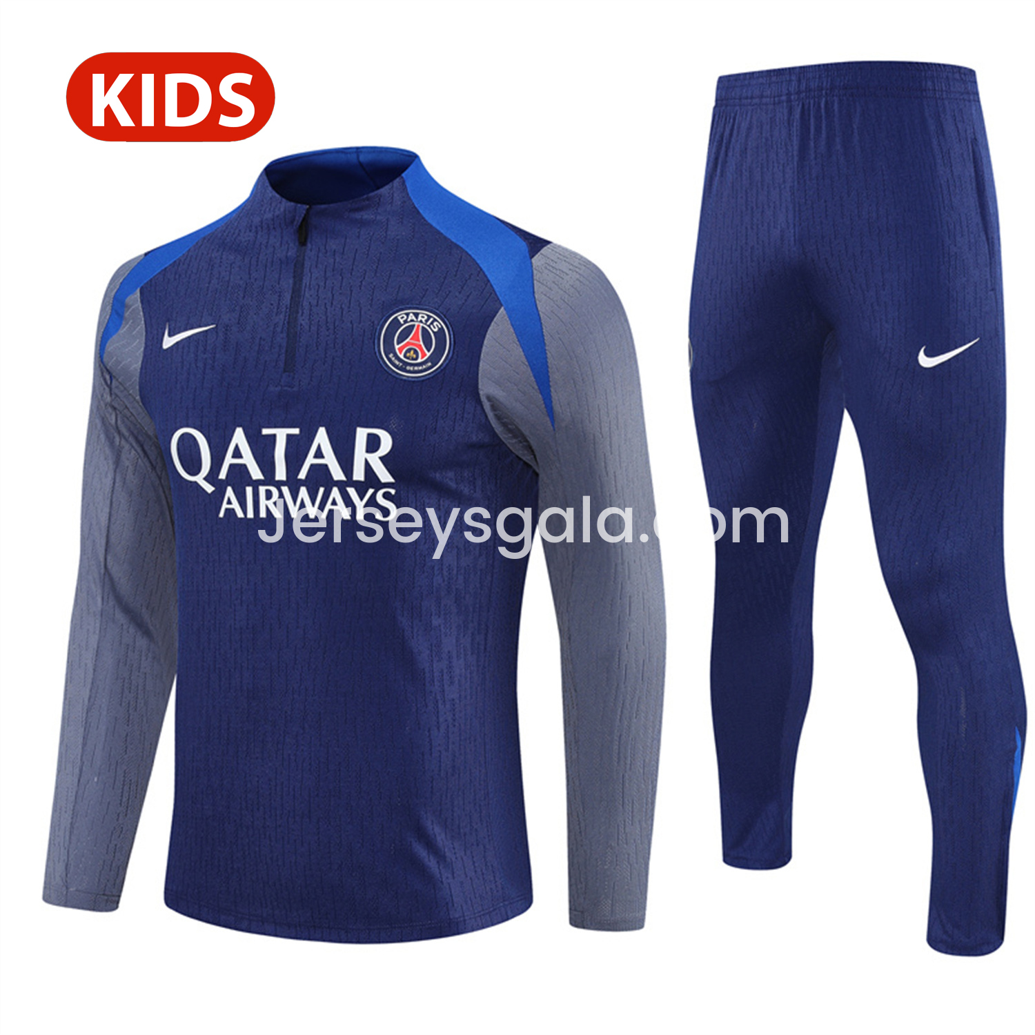 Paris Saint-Germain PSG 25-26 Kid Long Sleeves Training Set - Royal Blue Gray Sleeves Top & Royal Blue Pants - JerseysGala