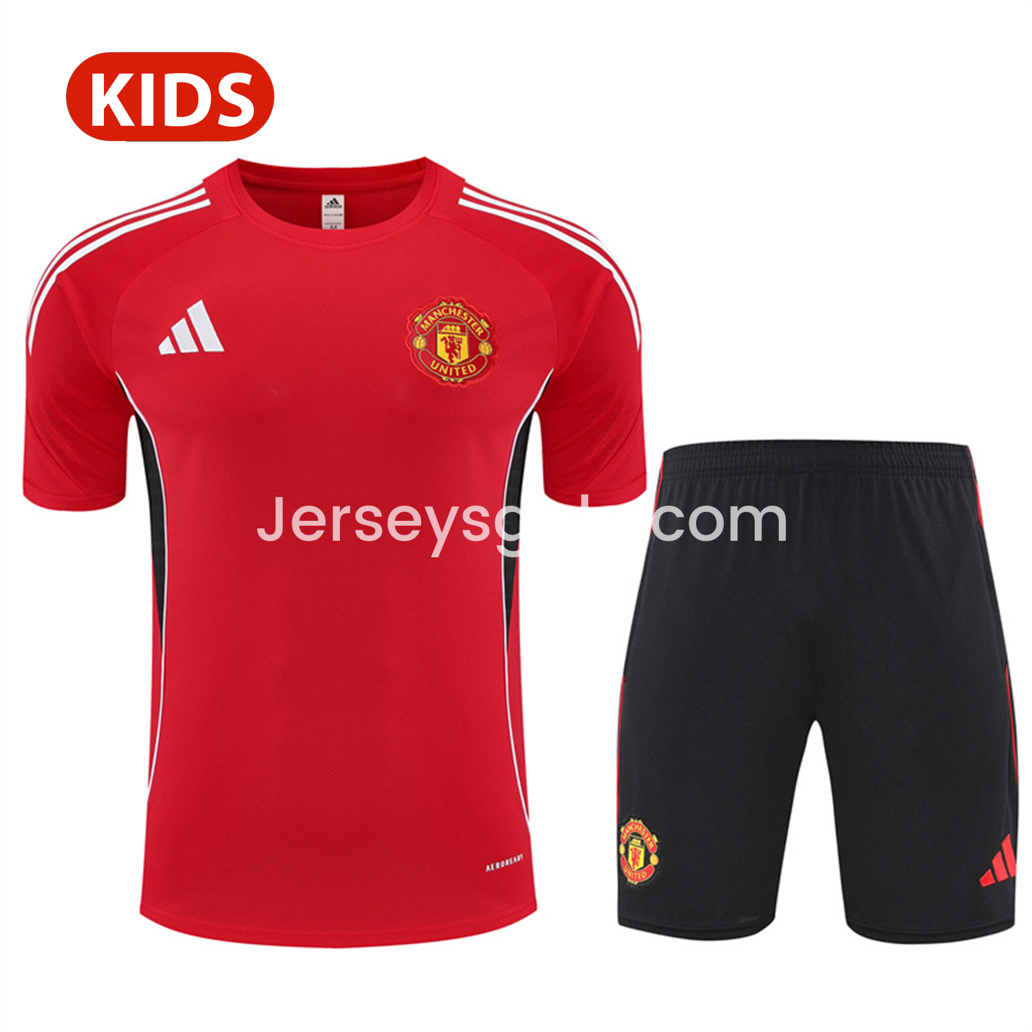 Manchester United 25-26 Kid Short-Sleeve Training Set - Red Top & Black Shorts - JerseysGala