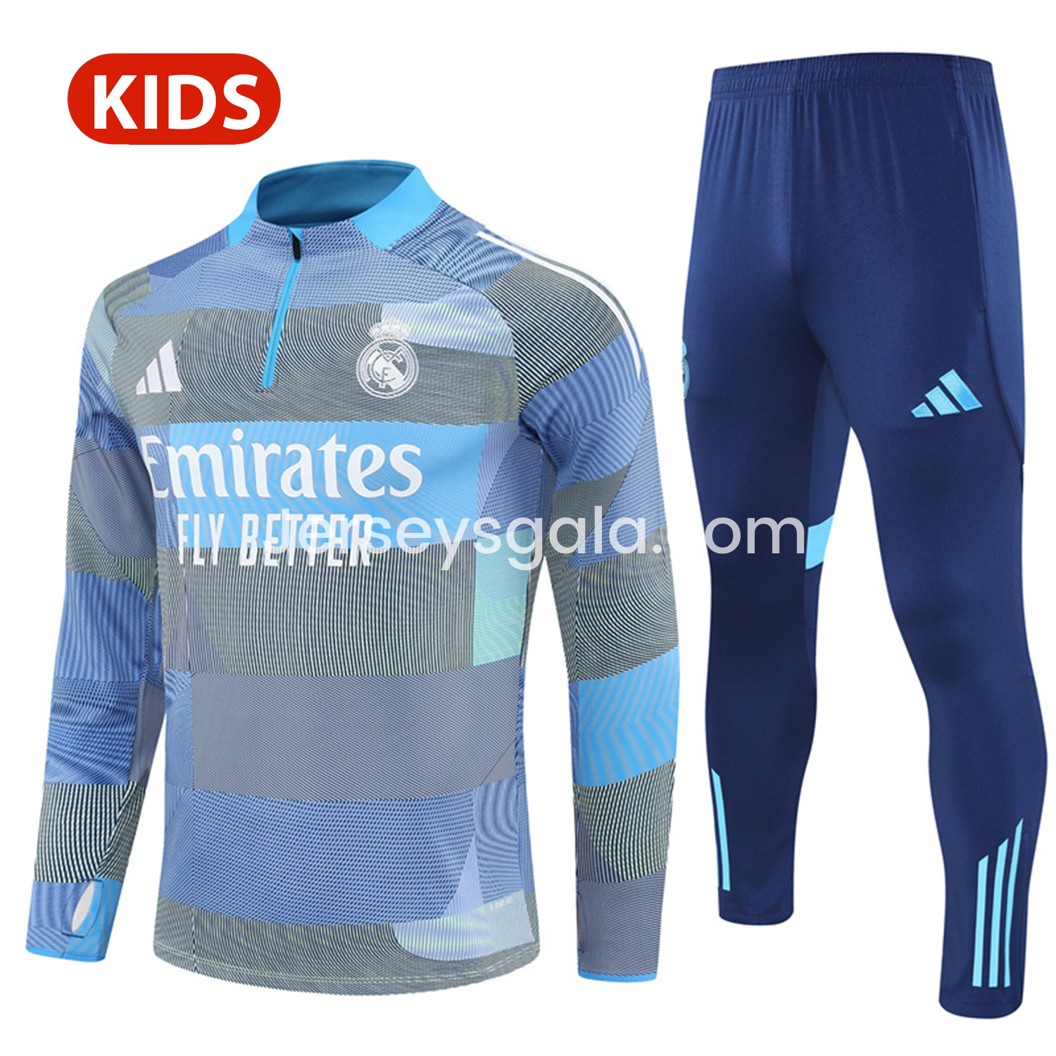 Real Madrid 25-26 Kids Long Sleeves Training Set - Blue-Gray Camouflage Top & Blue Pants - JerseysGala